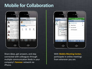 Mobile for Collaboration
With WebEx Meeting Center,
participate in online meetings
from wherever you are.
Share ideas, get...