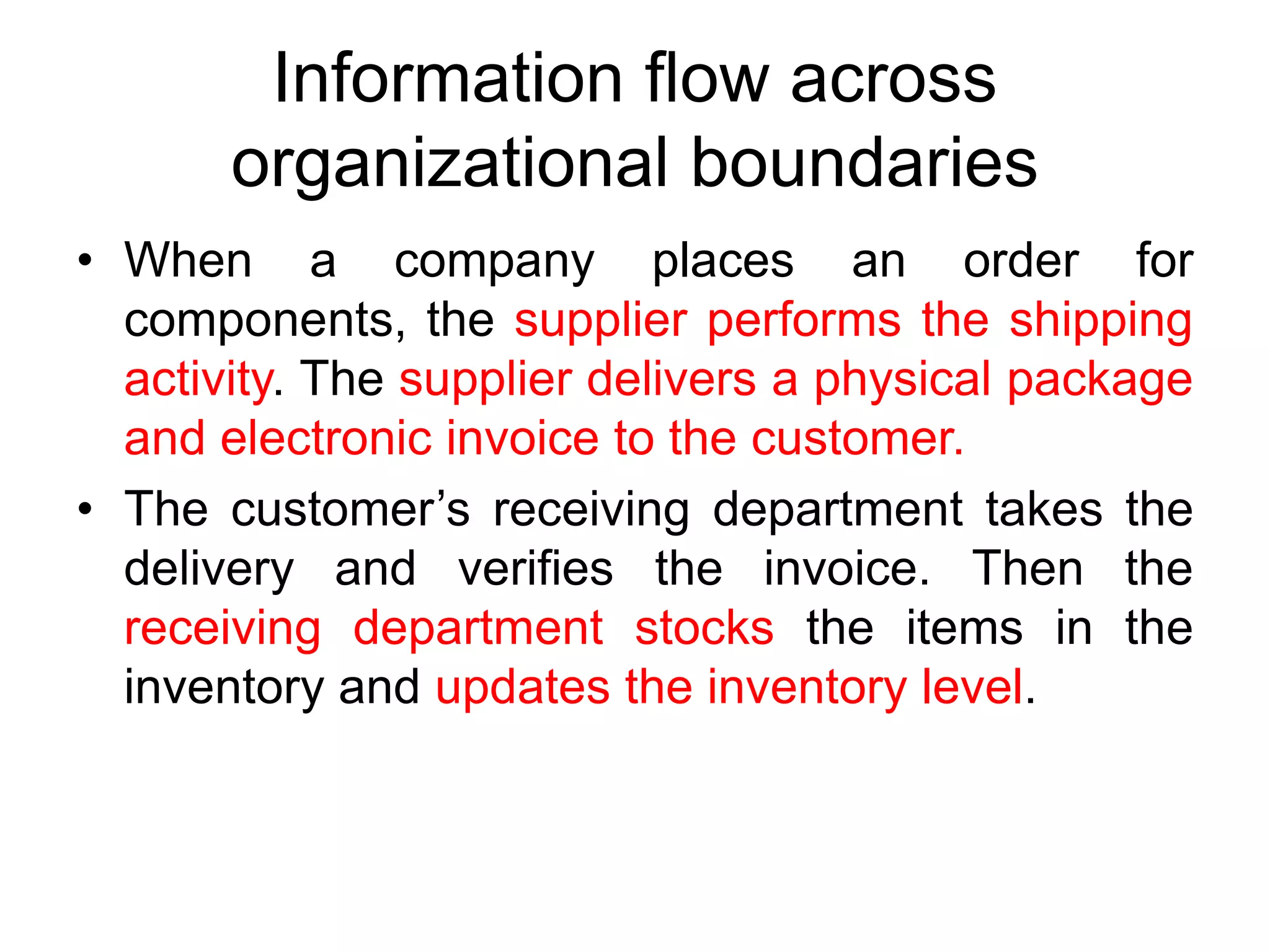 Information flow across
organizational boundaries
• When a company places an order for
components, the supplier performs the shipping
activity. The supplier delivers a physical package
and electronic invoice to the customer.
• The customer’s receiving department takes the
delivery and verifies the invoice. Then the
receiving department stocks the items in the
inventory and updates the inventory level.
 