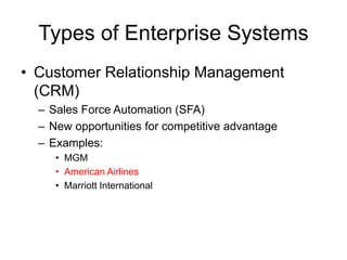 Types of Enterprise Systems
• Customer Relationship Management
(CRM)
– Sales Force Automation (SFA)
– New opportunities for competitive advantage
– Examples:
• MGM
• American Airlines
• Marriott International
 