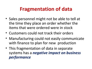 Fragmentation of data Sales personnel might not be able to tell at the time they place an order whether the items that were ordered were in stock Customers could not track their orders Manufacturing could not easily communicate with finance to plan for new  production This fragmentation of data in separate systems has a  negative impact on business performance 