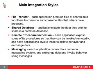 Main Integration Styles


      File Transfer – each application produce files of shared data
       for others to consume and consume files that others have
       produced.
      Shared Database – applications store the data they wish to
       share in a common database.
      Remote Procedure Invocation – each application expose
       some of its procedures so that they can be invoked remotedly,
       and have applications invoke those to initiate behavior and
       exchange data.
      Messaging – each application connect to a common
       messaging system, and exchange data and invoke behavior
       using messages.


13
 