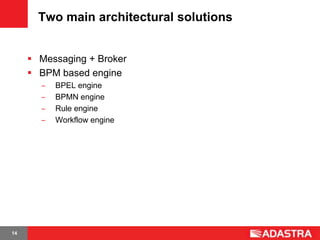Two main architectural solutions


      Messaging + Broker
      BPM based engine
        ̶   BPEL engine
        ̶   BPMN engine
        ̶   Rule engine
        ̶   Workflow engine




14
 