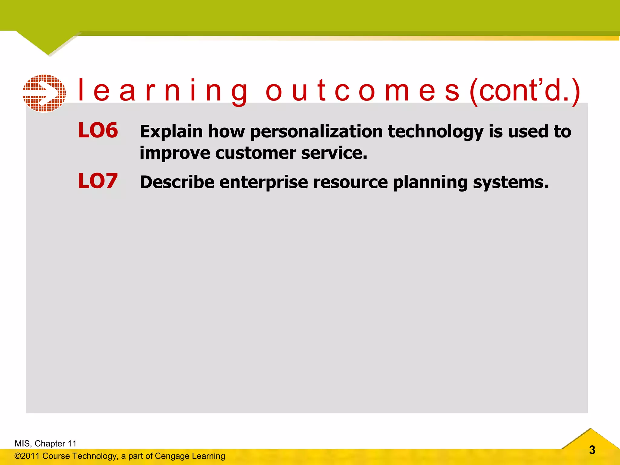 3
MIS, Chapter 11
©2011 Course Technology, a part of Cengage Learning
LO6 Explain how personalization technology is used to
improve customer service.
LO7 Describe enterprise resource planning systems.
l e a r n i n g o u t c o m e s (cont’d.)
 