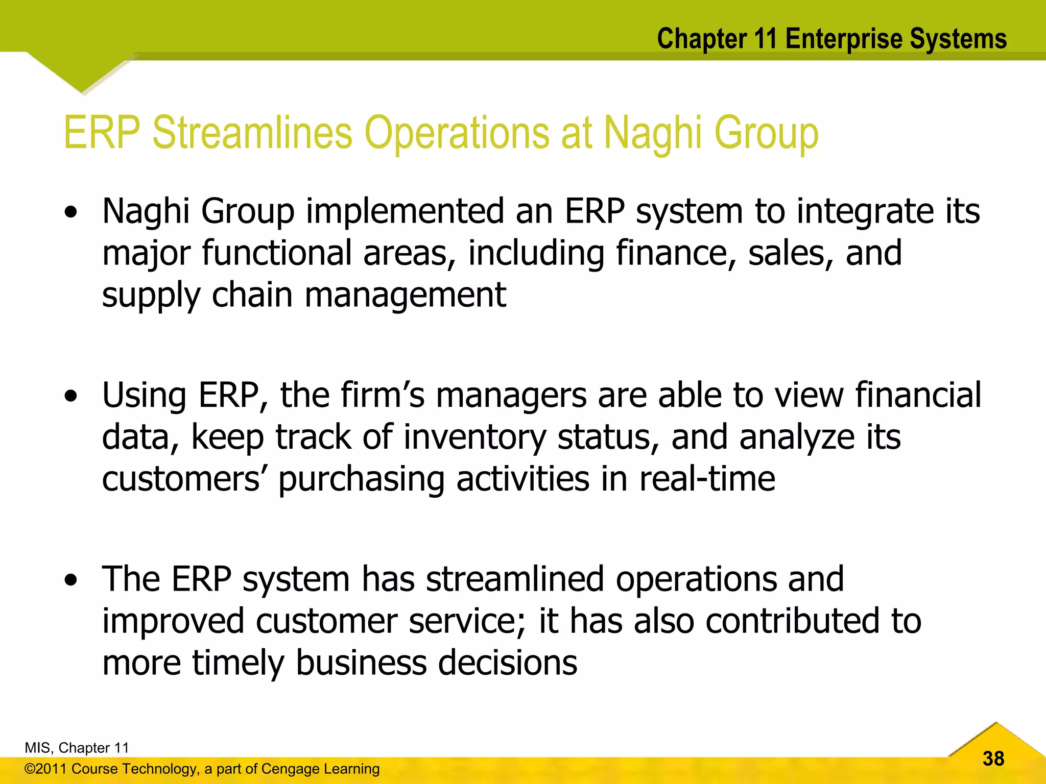 38
MIS, Chapter 11
©2011 Course Technology, a part of Cengage Learning
Chapter 11 Enterprise Systems
ERP Streamlines Operations at Naghi Group
• Naghi Group implemented an ERP system to integrate its
major functional areas, including finance, sales, and
supply chain management
• Using ERP, the firm’s managers are able to view financial
data, keep track of inventory status, and analyze its
customers’ purchasing activities in real-time
• The ERP system has streamlined operations and
improved customer service; it has also contributed to
more timely business decisions
 