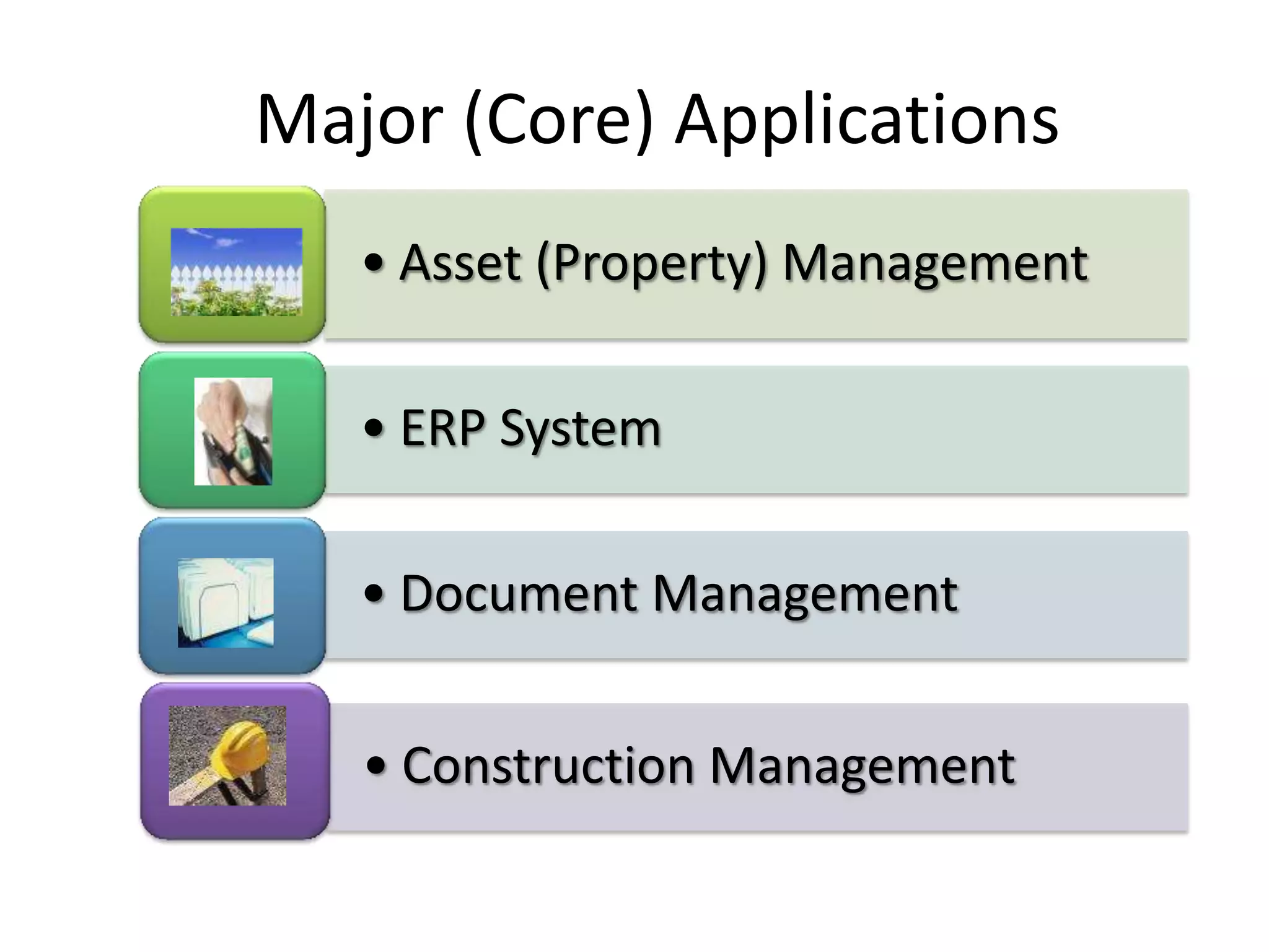 Major (Core) Applications
   • Asset (Property) Management

   • ERP System

   • Document Management


   • Construction Management
 