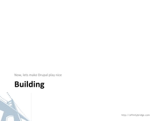 Building
Now, lets make Drupal play nice
http://affinitybridge.com
 