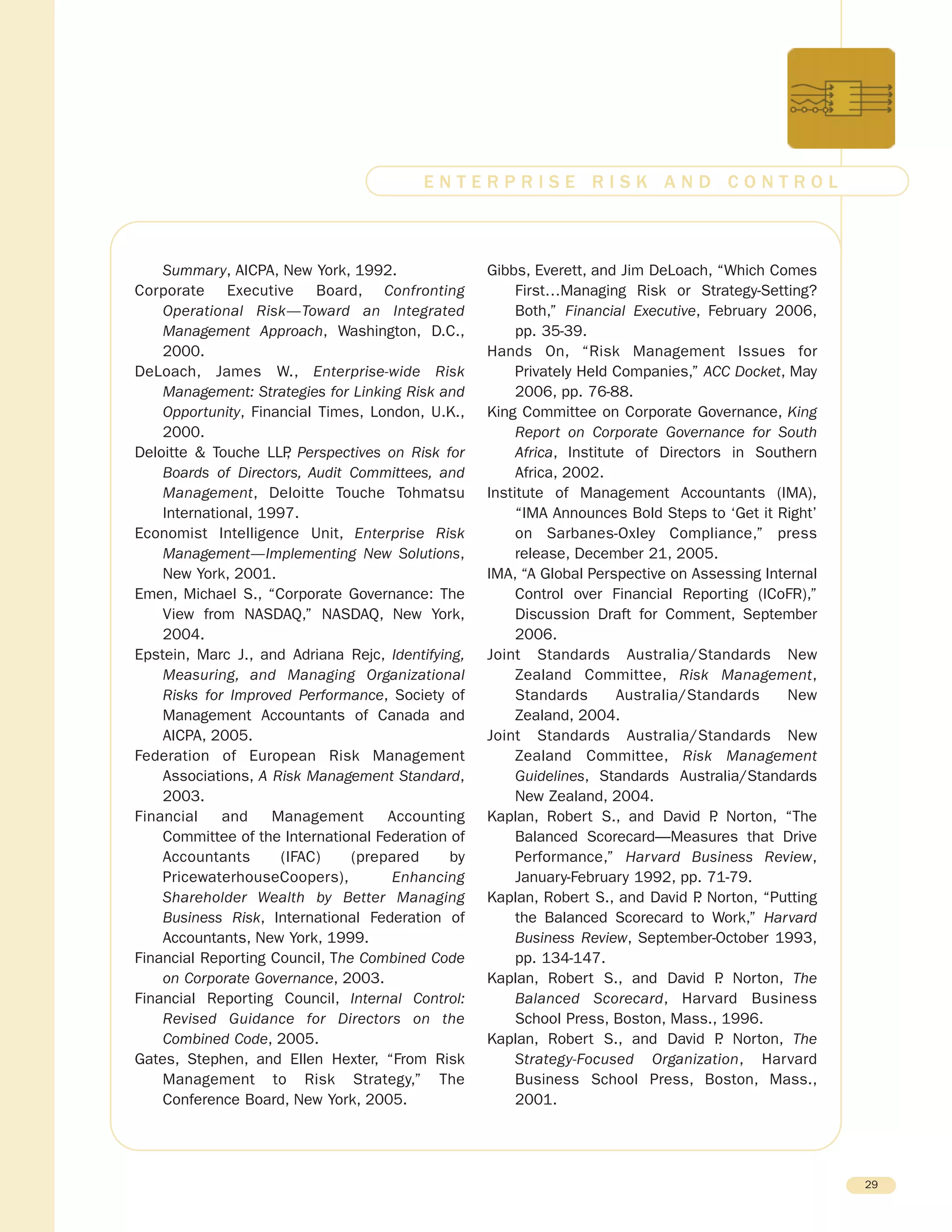 Summary, AICPA, New York, 1992.
Corporate Executive Board, Confronting
Operational Risk—Toward an Integrated
Management Approach, Washington, D.C.,
2000.
DeLoach, James W., Enterprise-wide Risk
Management: Strategies for Linking Risk and
Opportunity, Financial Times, London, U.K.,
2000.
Deloitte & Touche LLP, Perspectives on Risk for
Boards of Directors, Audit Committees, and
Management, Deloitte Touche Tohmatsu
International, 1997.
Economist Intelligence Unit, Enterprise Risk
Management—Implementing New Solutions,
New York, 2001.
Emen, Michael S., “Corporate Governance: The
View from NASDAQ,” NASDAQ, New York,
2004.
Epstein, Marc J., and Adriana Rejc, Identifying,
Measuring, and Managing Organizational
Risks for Improved Performance, Society of
Management Accountants of Canada and
AICPA, 2005.
Federation of European Risk Management
Associations, A Risk Management Standard,
2003.
Financial and Management Accounting
Committee of the International Federation of
Accountants (IFAC) (prepared by
PricewaterhouseCoopers), Enhancing
Shareholder Wealth by Better Managing
Business Risk, International Federation of
Accountants, New York, 1999.
Financial Reporting Council, The Combined Code
on Corporate Governance, 2003.
Financial Reporting Council, Internal Control:
Revised Guidance for Directors on the
Combined Code, 2005.
Gates, Stephen, and Ellen Hexter, “From Risk
Management to Risk Strategy,” The
Conference Board, New York, 2005.
Gibbs, Everett, and Jim DeLoach, “Which Comes
First…Managing Risk or Strategy-Setting?
Both,” Financial Executive, February 2006,
pp. 35-39.
Hands On, “Risk Management Issues for
Privately Held Companies,” ACC Docket, May
2006, pp. 76-88.
King Committee on Corporate Governance, King
Report on Corporate Governance for South
Africa, Institute of Directors in Southern
Africa, 2002.
Institute of Management Accountants (IMA),
“IMA Announces Bold Steps to ‘Get it Right’
on Sarbanes-Oxley Compliance,” press
release, December 21, 2005.
IMA, “A Global Perspective on Assessing Internal
Control over Financial Reporting (ICoFR),”
Discussion Draft for Comment, September
2006.
Joint Standards Australia/Standards New
Zealand Committee, Risk Management,
Standards Australia/Standards New
Zealand, 2004.
Joint Standards Australia/Standards New
Zealand Committee, Risk Management
Guidelines, Standards Australia/Standards
New Zealand, 2004.
Kaplan, Robert S., and David P. Norton, “The
Balanced Scorecard—Measures that Drive
Performance,” Harvard Business Review,
January-February 1992, pp. 71-79.
Kaplan, Robert S., and David P. Norton, “Putting
the Balanced Scorecard to Work,” Harvard
Business Review, September-October 1993,
pp. 134-147.
Kaplan, Robert S., and David P. Norton, The
Balanced Scorecard, Harvard Business
School Press, Boston, Mass., 1996.
Kaplan, Robert S., and David P. Norton, The
Strategy-Focused Organization, Harvard
Business School Press, Boston, Mass.,
2001.
29
E N T E R P R I S E R I S K A N D C O N T R O L
 