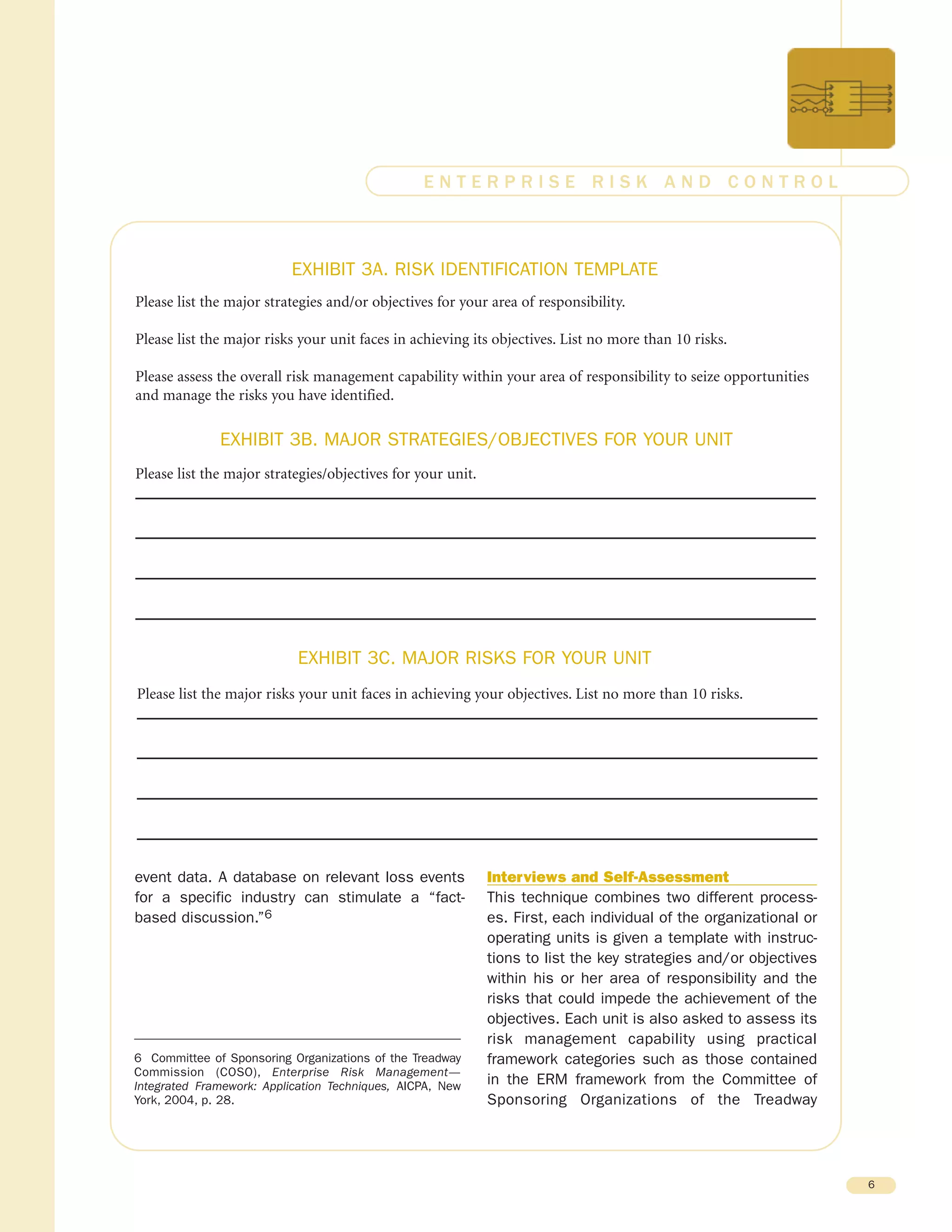 event data. A database on relevant loss events
for a specific industry can stimulate a “fact-
based discussion.”6
Interviews and Self-Assessment
This technique combines two different process-
es. First, each individual of the organizational or
operating units is given a template with instruc-
tions to list the key strategies and/or objectives
within his or her area of responsibility and the
risks that could impede the achievement of the
objectives. Each unit is also asked to assess its
risk management capability using practical
framework categories such as those contained
in the ERM framework from the Committee of
Sponsoring Organizations of the Treadway
6
E N T E R P R I S E R I S K A N D C O N T R O L
6 Committee of Sponsoring Organizations of the Treadway
Commission (COSO), Enterprise Risk Management—
Integrated Framework: Application Techniques, AICPA, New
York, 2004, p. 28.
EXHIBIT 3A. RISK IDENTIFICATION TEMPLATE
EXHIBIT 3B. MAJOR STRATEGIES/OBJECTIVES FOR YOUR UNIT
EXHIBIT 3C. MAJOR RISKS FOR YOUR UNIT
Please list the major strategies and/or objectives for your area of responsibility.
Please list the major risks your unit faces in achieving its objectives. List no more than 10 risks.
Please assess the overall risk management capability within your area of responsibility to seize opportunities
and manage the risks you have identified.
Please list the major strategies/objectives for your unit.
Please list the major risks your unit faces in achieving your objectives. List no more than 10 risks.
 