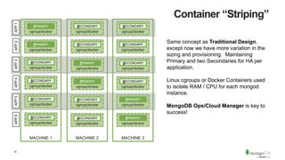 16
SECONDARY
cgroup/docker
cgroup/docker cgroup/docker cgroup/docker
cgroup/docker cgroup/docker
cgroup/dockercgroup/docker cgroup/docker
cgroup/dockercgroup/docker cgroup/docker
cgroup/dockercgroup/docker cgroup/docker
cgroup/dockercgroup/docker cgroup/docker
PRIMARY SECONDARY SECONDARY
PRIMARY SECONDARY
PRIMARYSECONDARY SECONDARY
PRIMARYSECONDARY SECONDARY
PRIMARYSECONDARY SECONDARY
PRIMARYSECONDARY SECONDARY
Same concept as Traditional Design,
except now we have more variation in the
sizing and provisioning. Maintaining
Primary and two Secondaries for HA per
application.
Linux cgroups or Docker Containers used
to isolate RAM / CPU for each mongod
instance.
MongoDB Ops/Cloud Manager is key to
success!
MACHINE 1
APP1
MACHINE 2 MACHINE 3
Container “Striping”APP2APP3APP4APP5APP6
SECONDARY
 