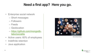 24
Need a first app? Here you go.
• Enterprise social network
– Short messages
– Followers
– Feeds
– Geolocation
– https://github.com/mongodb-
labs/socialite
• Active users: 60% of employees
• Indefinite retention
• Java application
iStock licensed (Erikona)
 