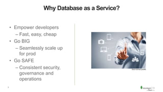 3
Why Database as a Service?
• Empower developers
– Fast, easy, cheap
• Go BIG
– Seamlessly scale up
for prod
• Go SAFE
– Consistent security,
governance and
operations
iStock licensed (pixelfit)
 