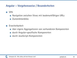 Angular – Vorgehensweise / Besonderheiten
SPA
Navigation zwischen Views mit bookmarkfähigen URLs
Zustandstandslos
Erweiterbarkeit
über eigene Aggregationen von vorhandenen Komponenten
durch Angular-spezifische Komponenten
durch JavaScript-Komponenten
Enterprise UI - Wie schlau soll mein Browser sein? 20gedoplan.de
 