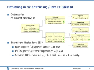 Einführung in die Anwendung / Java EE Backend
Datenbasis:
Microsoft Northwind
Technische Basis: Java EE 7
Fachobjekte (Customer, Order, …): JPA
DB-Zugriff (CustomerRepository, …): CDI
Services (OrderService, …): EJB mit Role based Security
Enterprise UI - Wie schlau soll mein Browser sein? 4gedoplan.de
 
