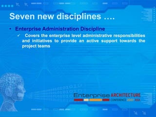 Seven new disciplines ….
• Enterprise Administration Discipline
 Covers the enterprise level administrative responsibilities
and initiatives to provide an active support towards the
project teams
 