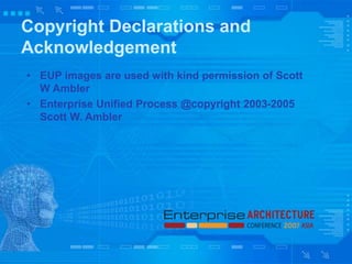 Copyright Declarations and
Acknowledgement
• EUP images are used with kind permission of Scott
W Ambler
• Enterprise Unified Process @copyright 2003-2005
Scott W. Ambler
 