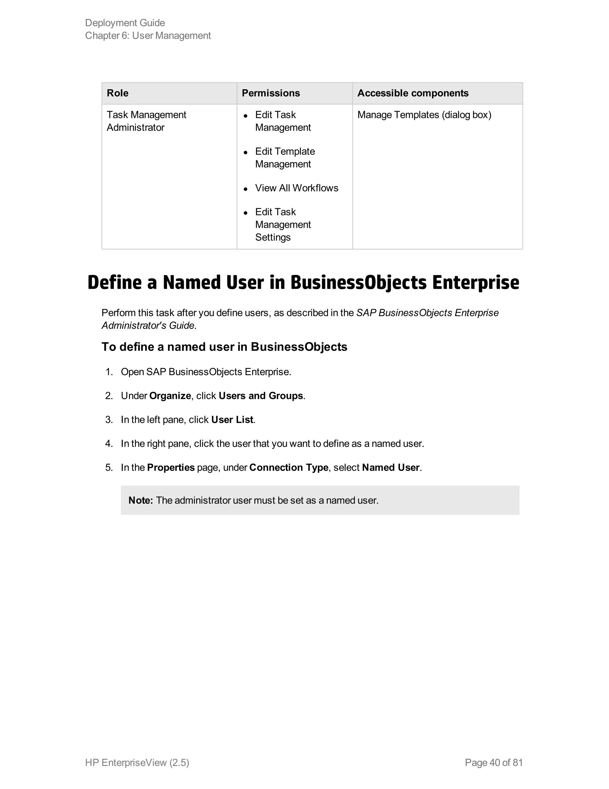 Role Permissions Accessible components
Task Management
Administrator
l Edit Task
Management
l Edit Template
Management
l View All Workflows
l Edit Task
Management
Settings
Manage Templates (dialog box)
Define a Named User in BusinessObjects Enterprise
Perform this task after you define users, as described in the SAP BusinessObjects Enterprise
Administrator's Guide.
To define a named user in BusinessObjects
1. Open SAP BusinessObjects Enterprise.
2. Under Organize, click Users and Groups.
3. In the left pane, click User List.
4. In the right pane, click the user that you want to define as a named user.
5. In the Properties page, under Connection Type, select Named User.
Note: The administrator user must be set as a named user.
Deployment Guide
Chapter 6: User Management
HP EnterpriseView (2.5) Page 40 of 81
 