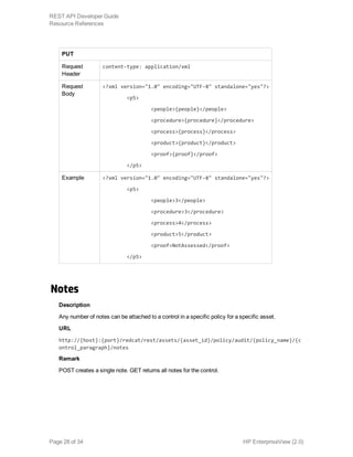 PUT
Request
Header
content-type: application/xml
Request
Body
<?xml version="1.0" encoding="UTF-8" standalone="yes"?>
<p5>
<people>{people}</people>
<procedure>{procedure}</procedure>
<process>{process}</process>
<product>{product}</product>
<proof>{proof}</proof>
</p5>
Example <?xml version="1.0" encoding="UTF-8" standalone="yes"?>
<p5>
<people>3</people>
<procedure>3</procedure>
<process>4</process>
<product>5</product>
<proof>NotAssessed</proof>
</p5>
Notes
Description
Any number of notes can be attached to a control in a specific policy for a specific asset.
URL
http://{host}:{port}/redcat/rest/assets/{asset_id}/policy/audit/{policy_name}/{c
ontrol_paragraph}/notes
Remark
POST creates a single note. GET returns all notes for the control.
HP EnterpriseView (2.0)Page 28 of 34
REST API Developer Guide
Resource References
 