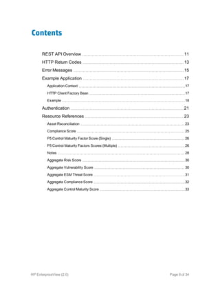 Contents
REST API Overview 11
HTTP Return Codes 13
Error Messages 15
Example Application 17
Application Context 17
HTTP Client Factory Bean 17
Example 18
Authentication 21
Resource References 23
Asset Reconciliation 23
Compliance Score 25
P5 Control Maturity Factor Score (Single) 26
P5 Control Maturity Factors Scores (Multiple) 26
Notes 28
Aggregate Risk Score 30
Aggregate Vulnerability Score 30
Aggregate ESM Threat Score 31
Aggregate Compliance Score 32
Aggregate Control Maturity Score 33
HP EnterpriseView (2.0) Page 9 of 34
 
