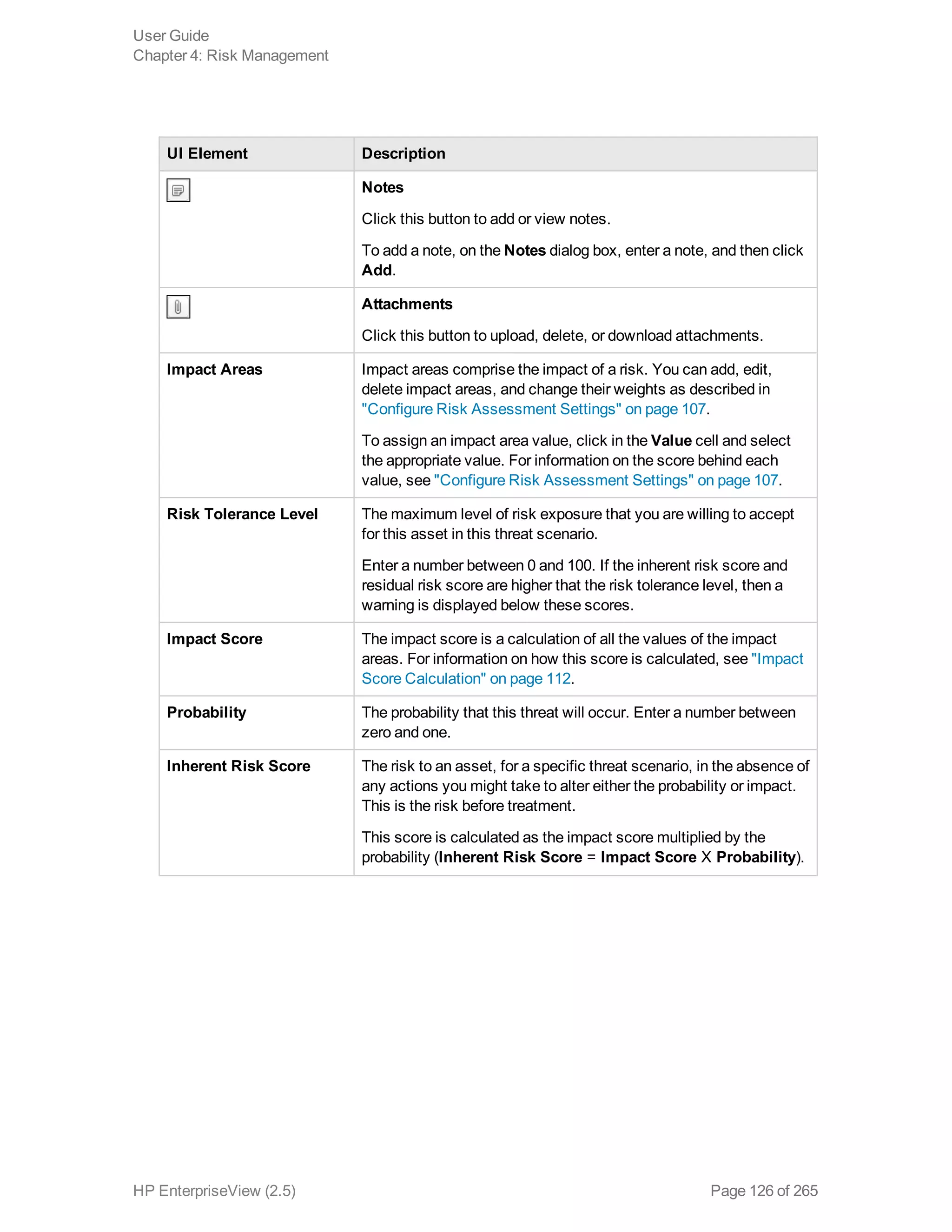 UI Element Description
Notes
Click this button to add or view notes.
To add a note, on the Notes dialog box, enter a note, and then click
Add.
Attachments
Click this button to upload, delete, or download attachments.
Impact Areas Impact areas comprise the impact of a risk. You can add, edit,
delete impact areas, and change their weights as described in
"Configure Risk Assessment Settings" on page 107.
To assign an impact area value, click in the Value cell and select
the appropriate value. For information on the score behind each
value, see "Configure Risk Assessment Settings" on page 107.
Risk Tolerance Level The maximum level of risk exposure that you are willing to accept
for this asset in this threat scenario.
Enter a number between 0 and 100. If the inherent risk score and
residual risk score are higher that the risk tolerance level, then a
warning is displayed below these scores.
Impact Score The impact score is a calculation of all the values of the impact
areas. For information on how this score is calculated, see "Impact
Score Calculation" on page 112.
Probability The probability that this threat will occur. Enter a number between
zero and one.
Inherent Risk Score The risk to an asset, for a specific threat scenario, in the absence of
any actions you might take to alter either the probability or impact.
This is the risk before treatment.
This score is calculated as the impact score multiplied by the
probability (Inherent Risk Score = Impact Score X Probability).
User Guide
Chapter 4: Risk Management
HP EnterpriseView (2.5) Page 126 of 265
 