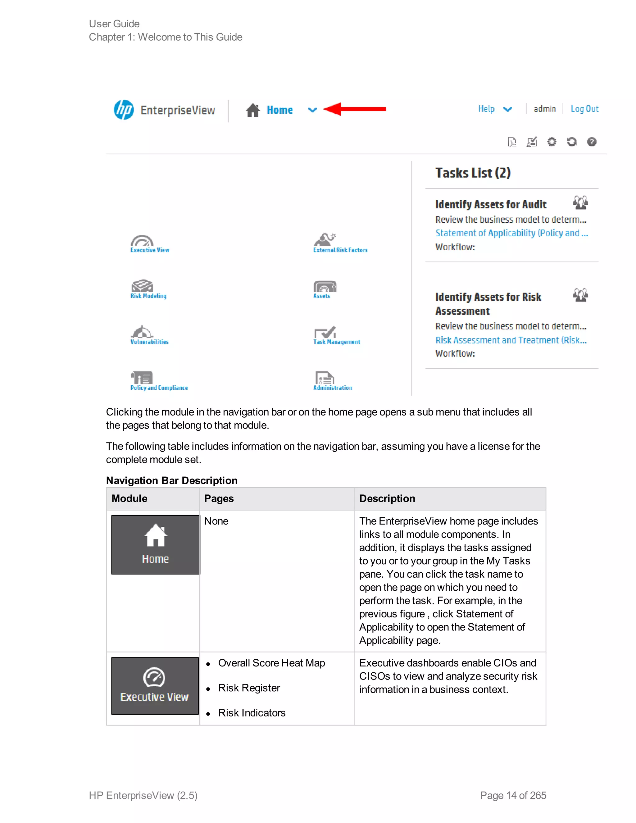 Clicking the module in the navigation bar or on the home page opens a sub menu that includes all
the pages that belong to that module.
The following table includes information on the navigation bar, assuming you have a license for the
complete module set.
Module Pages Description
None The EnterpriseView home page includes
links to all module components. In
addition, it displays the tasks assigned
to you or to your group in the My Tasks
pane. You can click the task name to
open the page on which you need to
perform the task. For example, in the
previous figure , click Statement of
Applicability to open the Statement of
Applicability page.
l Overall Score Heat Map
l Risk Register
l Risk Indicators
Executive dashboards enable CIOs and
CISOs to view and analyze security risk
information in a business context.
Navigation Bar Description
User Guide
Chapter 1: Welcome to This Guide
HP EnterpriseView (2.5) Page 14 of 265
 