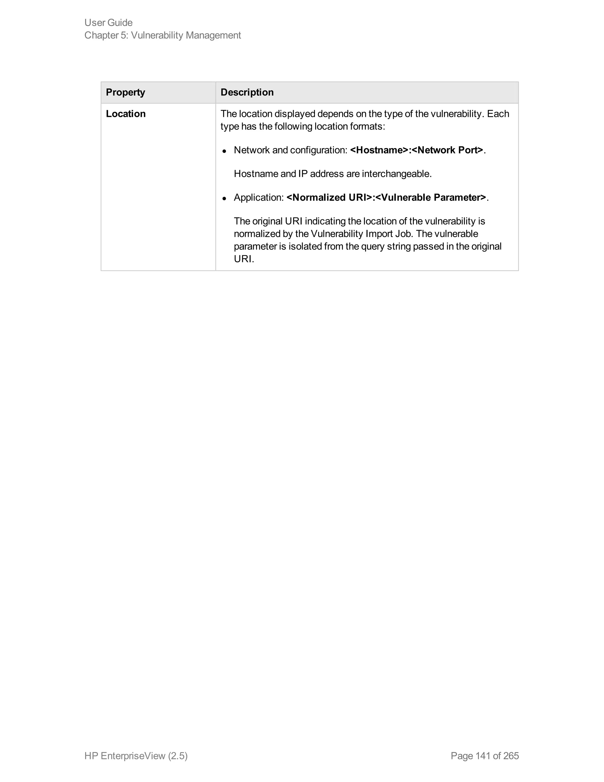 Property Description
Location The location displayed depends on the type of the vulnerability. Each
type has the following location formats:
l Network and configuration: <Hostname>:<Network Port>.
Hostname and IP address are interchangeable.
l Application: <Normalized URI>:<Vulnerable Parameter>.
The original URI indicating the location of the vulnerability is
normalized by the Vulnerability Import Job. The vulnerable
parameter is isolated from the query string passed in the original
URI.
User Guide
Chapter 5: Vulnerability Management
HP EnterpriseView (2.5) Page 141 of 265
 
