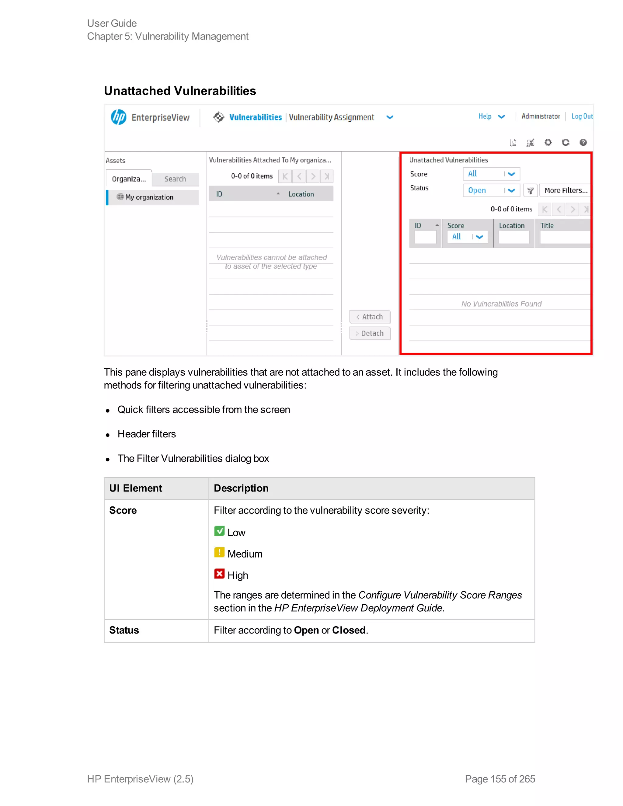 Unattached Vulnerabilities
This pane displays vulnerabilities that are not attached to an asset. It includes the following
methods for filtering unattached vulnerabilities: 
l Quick filters accessible from the screen
l Header filters
l The Filter Vulnerabilities dialog box
UI Element Description
Score Filter according to the vulnerability score severity:
Low
Medium
High
The ranges are determined in the Configure Vulnerability Score Ranges
section in the HP EnterpriseView Deployment Guide.
Status Filter according to Open or Closed.
User Guide
Chapter 5: Vulnerability Management
HP EnterpriseView (2.5) Page 155 of 265
 