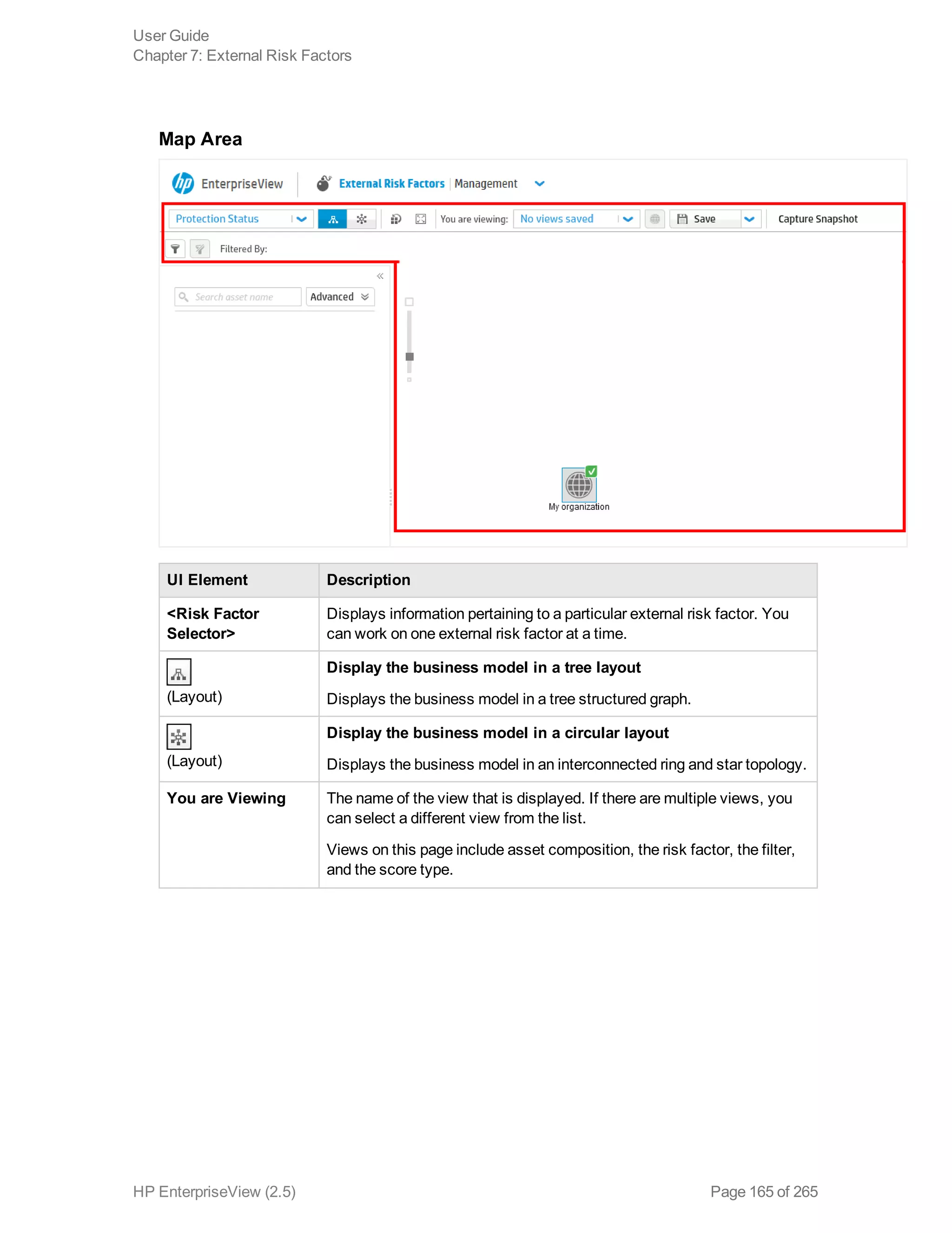 Map Area
UI Element Description
<Risk Factor
Selector>
Displays information pertaining to a particular external risk factor. You
can work on one external risk factor at a time.
(Layout)
Display the business model in a tree layout
Displays the business model in a tree structured graph.
(Layout)
Display the business model in a circular layout
Displays the business model in an interconnected ring and star topology.
You are Viewing The name of the view that is displayed. If there are multiple views, you
can select a different view from the list.
Views on this page include asset composition, the risk factor, the filter,
and the score type.
User Guide
Chapter 7: External Risk Factors
HP EnterpriseView (2.5) Page 165 of 265
 