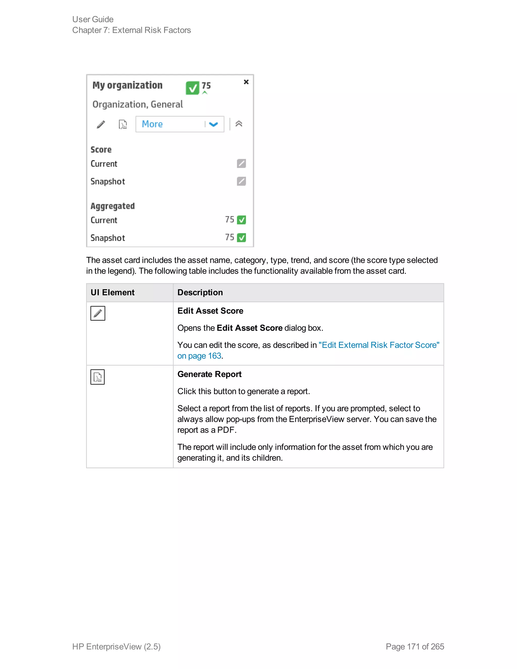 The asset card includes the asset name, category, type, trend, and score (the score type selected
in the legend). The following table includes the functionality available from the asset card.
UI Element Description
Edit Asset Score
Opens the Edit Asset Score dialog box.
You can edit the score, as described in "Edit External Risk Factor Score"
on page 163.
Generate Report
Click this button to generate a report.
Select a report from the list of reports. If you are prompted, select to
always allow pop-ups from the EnterpriseView server. You can save the
report as a PDF.
The report will include only information for the asset from which you are
generating it, and its children.
User Guide
Chapter 7: External Risk Factors
HP EnterpriseView (2.5) Page 171 of 265
 