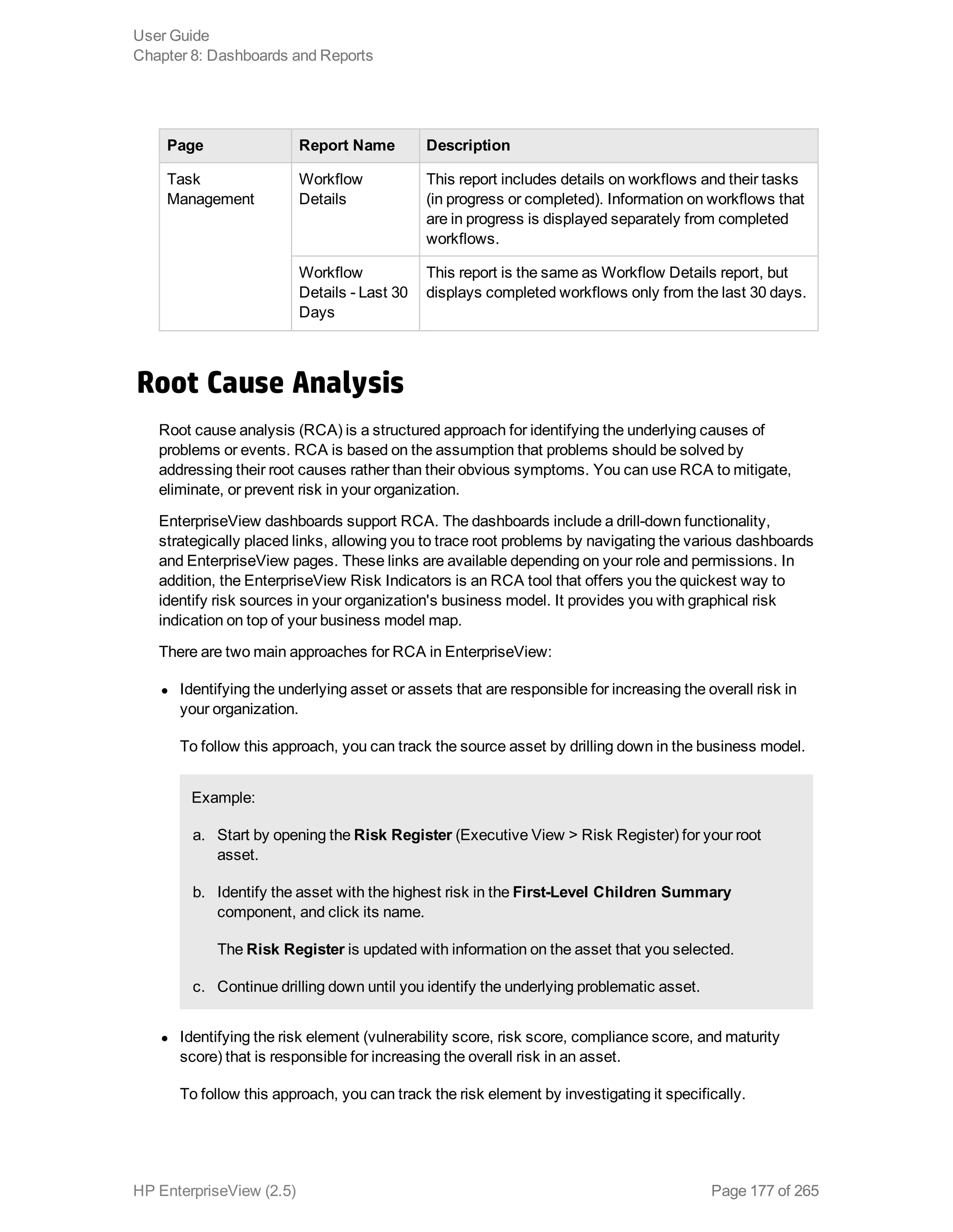 Page Report Name Description
Task
Management
Workflow
Details
This report includes details on workflows and their tasks
(in progress or completed). Information on workflows that
are in progress is displayed separately from completed
workflows.
Workflow
Details - Last 30
Days
This report is the same as Workflow Details report, but
displays completed workflows only from the last 30 days.
Root Cause Analysis
Root cause analysis (RCA) is a structured approach for identifying the underlying causes of
problems or events. RCA is based on the assumption that problems should be solved by
addressing their root causes rather than their obvious symptoms. You can use RCA to mitigate,
eliminate, or prevent risk in your organization.
EnterpriseView dashboards support RCA. The dashboards include a drill-down functionality,
strategically placed links, allowing you to trace root problems by navigating the various dashboards
and EnterpriseView pages. These links are available depending on your role and permissions. In
addition, the EnterpriseView Risk Indicators is an RCA tool that offers you the quickest way to
identify risk sources in your organization's business model. It provides you with graphical risk
indication on top of your business model map.
There are two main approaches for RCA in EnterpriseView:
l Identifying the underlying asset or assets that are responsible for increasing the overall risk in
your organization.
To follow this approach, you can track the source asset by drilling down in the business model.
Example:
a. Start by opening the Risk Register (Executive View > Risk Register) for your root
asset.
b. Identify the asset with the highest risk in the First-Level Children Summary
component, and click its name.
The Risk Register is updated with information on the asset that you selected.
c. Continue drilling down until you identify the underlying problematic asset.
l Identifying the risk element (vulnerability score, risk score, compliance score, and maturity
score) that is responsible for increasing the overall risk in an asset.
To follow this approach, you can track the risk element by investigating it specifically.
User Guide
Chapter 8: Dashboards and Reports
HP EnterpriseView (2.5) Page 177 of 265
 