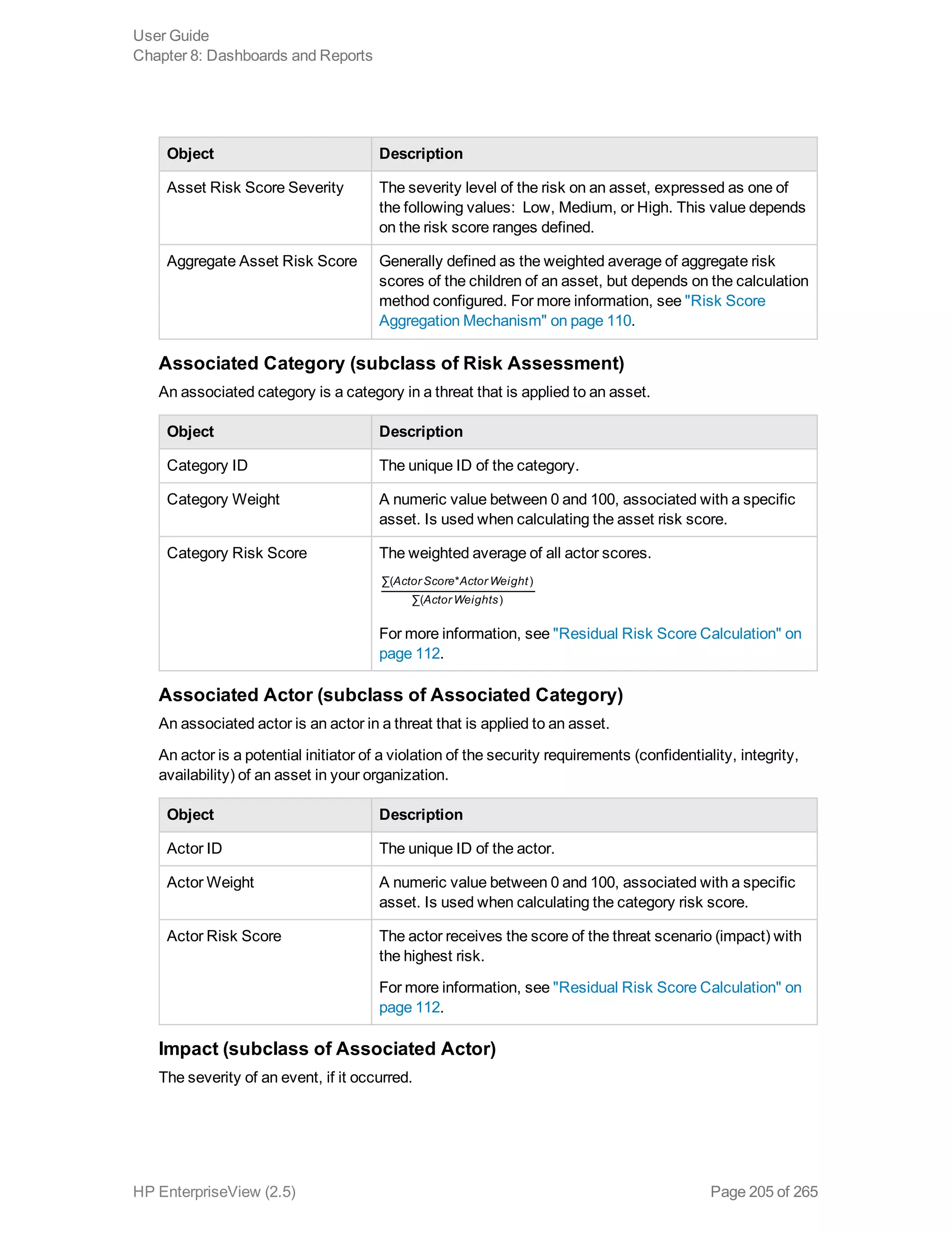 Object Description
Asset Risk Score Severity The severity level of the risk on an asset, expressed as one of
the following values:  Low, Medium, or High. This value depends
on the risk score ranges defined.
Aggregate Asset Risk Score Generally defined as the weighted average of aggregate risk
scores of the children of an asset, but depends on the calculation
method configured. For more information, see "Risk Score
Aggregation Mechanism" on page 110.
Associated Category (subclass of Risk Assessment)
An associated category is a category in a threat that is applied to an asset.
Object Description
Category ID The unique ID of the category.
Category Weight A numeric value between 0 and 100, associated with a specific
asset. Is used when calculating the asset risk score.
Category Risk Score The weighted average of all actor scores.
Actor Score Actor Weight
Actor Weights
∑( * )
∑( )
For more information, see "Residual Risk Score Calculation" on
page 112.
Associated Actor (subclass of Associated Category)
An associated actor is an actor in a threat that is applied to an asset.
An actor is a potential initiator of a violation of the security requirements (confidentiality, integrity,
availability) of an asset in your organization.
Object Description
Actor ID The unique ID of the actor.
Actor Weight A numeric value between 0 and 100, associated with a specific
asset. Is used when calculating the category risk score.
Actor Risk Score The actor receives the score of the threat scenario (impact) with
the highest risk.
For more information, see "Residual Risk Score Calculation" on
page 112.
Impact (subclass of Associated Actor)
The severity of an event, if it occurred.
User Guide
Chapter 8: Dashboards and Reports
HP EnterpriseView (2.5) Page 205 of 265
 