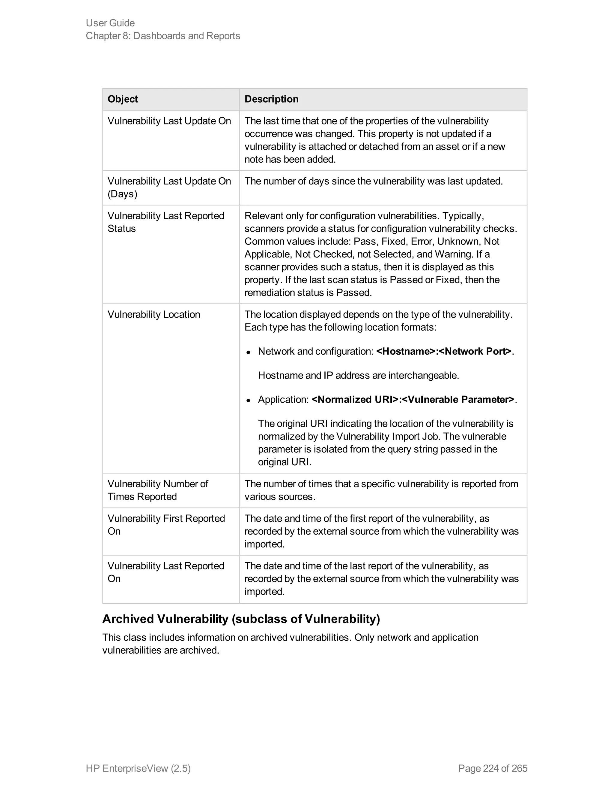 Object Description
Vulnerability Last Update On The last time that one of the properties of the vulnerability
occurrence was changed. This property is not updated if a
vulnerability is attached or detached from an asset or if a new
note has been added.
Vulnerability Last Update On
(Days)
The number of days since the vulnerability was last updated.
Vulnerability Last Reported
Status
Relevant only for configuration vulnerabilities. Typically,
scanners provide a status for configuration vulnerability checks.
Common values include: Pass, Fixed, Error, Unknown, Not
Applicable, Not Checked, not Selected, and Warning. If a
scanner provides such a status, then it is displayed as this
property. If the last scan status is Passed or Fixed, then the
remediation status is Passed.
Vulnerability Location The location displayed depends on the type of the vulnerability.
Each type has the following location formats:
l Network and configuration: <Hostname>:<Network Port>.
Hostname and IP address are interchangeable.
l Application: <Normalized URI>:<Vulnerable Parameter>.
The original URI indicating the location of the vulnerability is
normalized by the Vulnerability Import Job. The vulnerable
parameter is isolated from the query string passed in the
original URI.
Vulnerability Number of
Times Reported
The number of times that a specific vulnerability is reported from
various sources.
Vulnerability First Reported
On
The date and time of the first report of the vulnerability, as
recorded by the external source from which the vulnerability was
imported.
Vulnerability Last Reported
On
The date and time of the last report of the vulnerability, as
recorded by the external source from which the vulnerability was
imported.
Archived Vulnerability (subclass of Vulnerability)
This class includes information on archived vulnerabilities. Only network and application
vulnerabilities are archived.
User Guide
Chapter 8: Dashboards and Reports
HP EnterpriseView (2.5) Page 224 of 265
 