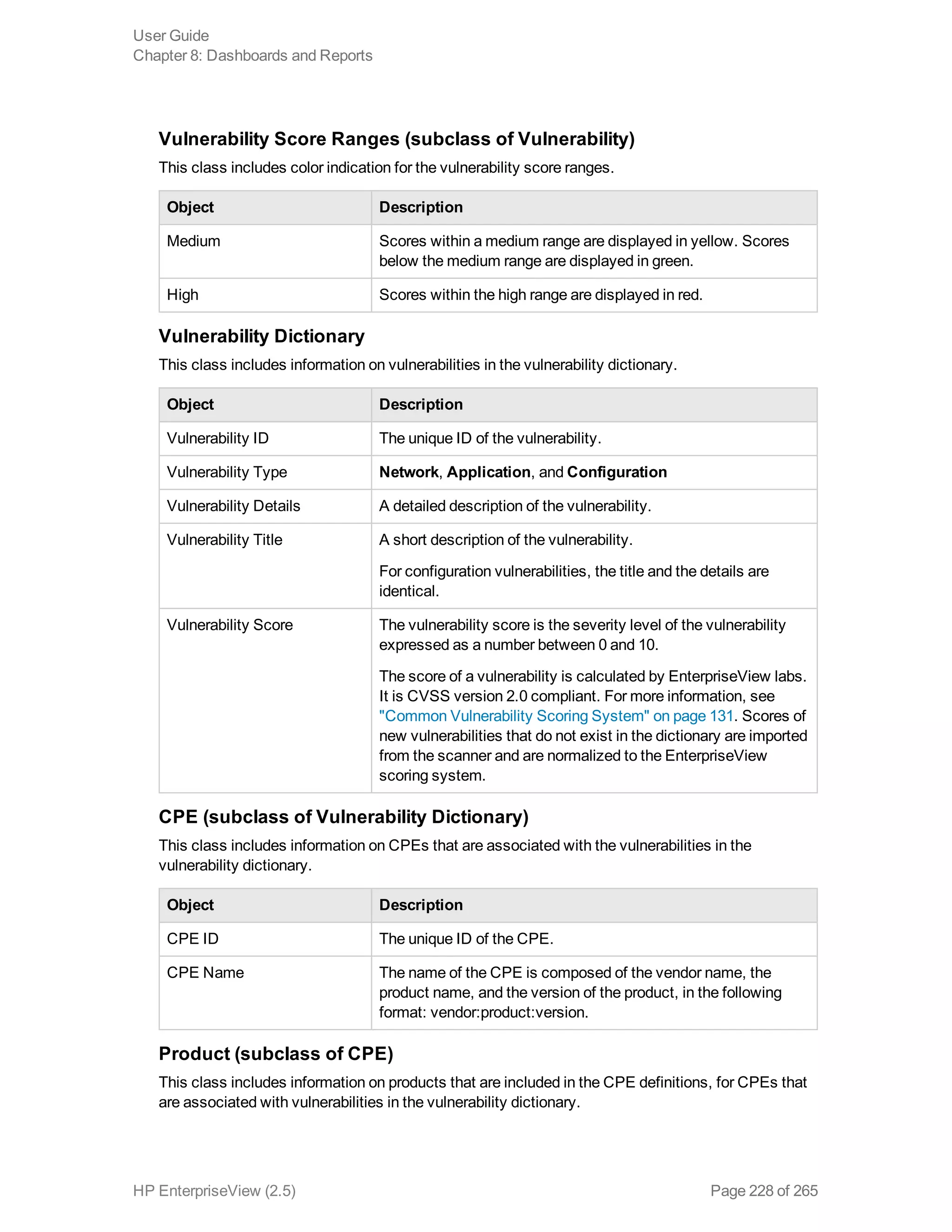 Vulnerability Score Ranges (subclass of Vulnerability)
This class includes color indication for the vulnerability score ranges.
Object Description
Medium Scores within a medium range are displayed in yellow. Scores
below the medium range are displayed in green.
High Scores within the high range are displayed in red.
Vulnerability Dictionary
This class includes information on vulnerabilities in the vulnerability dictionary.
Object Description
Vulnerability ID The unique ID of the vulnerability.
Vulnerability Type Network, Application, and Configuration
Vulnerability Details A detailed description of the vulnerability.
Vulnerability Title A short description of the vulnerability.
For configuration vulnerabilities, the title and the details are
identical.
Vulnerability Score The vulnerability score is the severity level of the vulnerability
expressed as a number between 0 and 10.
The score of a vulnerability is calculated by EnterpriseView labs.
It is CVSS version 2.0 compliant. For more information, see
"Common Vulnerability Scoring System" on page 131. Scores of
new vulnerabilities that do not exist in the dictionary are imported
from the scanner and are normalized to the EnterpriseView
scoring system.
CPE (subclass of Vulnerability Dictionary)
This class includes information on CPEs that are associated with the vulnerabilities in the
vulnerability dictionary.
Object Description
CPE ID The unique ID of the CPE.
CPE Name The name of the CPE is composed of the vendor name, the
product name, and the version of the product, in the following
format: vendor:product:version.
Product (subclass of CPE)
This class includes information on products that are included in the CPE definitions, for CPEs that
are associated with vulnerabilities in the vulnerability dictionary.
User Guide
Chapter 8: Dashboards and Reports
HP EnterpriseView (2.5) Page 228 of 265
 