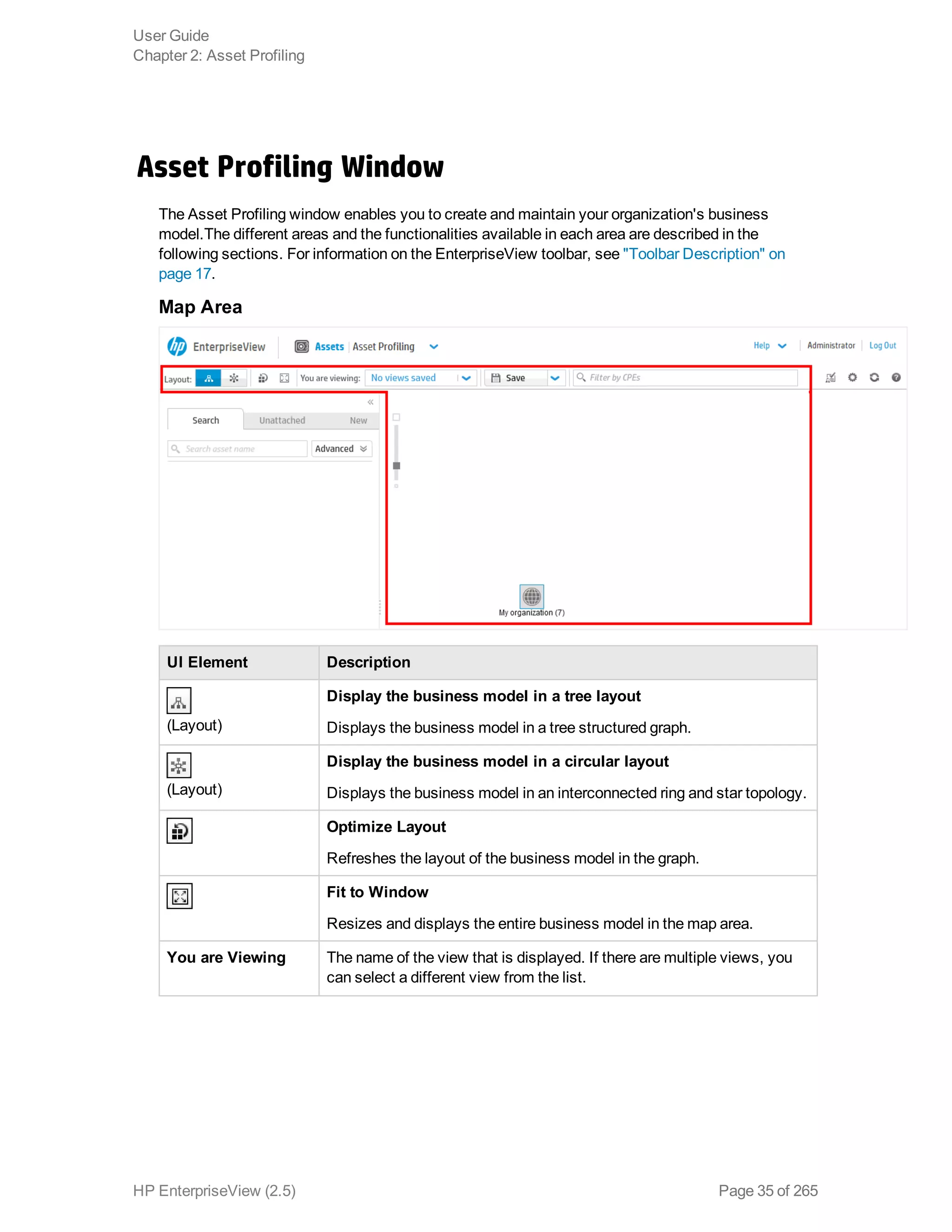 Asset Profiling Window
The Asset Profiling window enables you to create and maintain your organization's business
model.The different areas and the functionalities available in each area are described in the
following sections. For information on the EnterpriseView toolbar, see "Toolbar Description" on
page 17.
Map Area
UI Element Description
(Layout)
Display the business model in a tree layout
Displays the business model in a tree structured graph.
(Layout)
Display the business model in a circular layout
Displays the business model in an interconnected ring and star topology.
Optimize Layout
Refreshes the layout of the business model in the graph.
Fit to Window
Resizes and displays the entire business model in the map area.
You are Viewing The name of the view that is displayed. If there are multiple views, you
can select a different view from the list.
User Guide
Chapter 2: Asset Profiling
HP EnterpriseView (2.5) Page 35 of 265
 