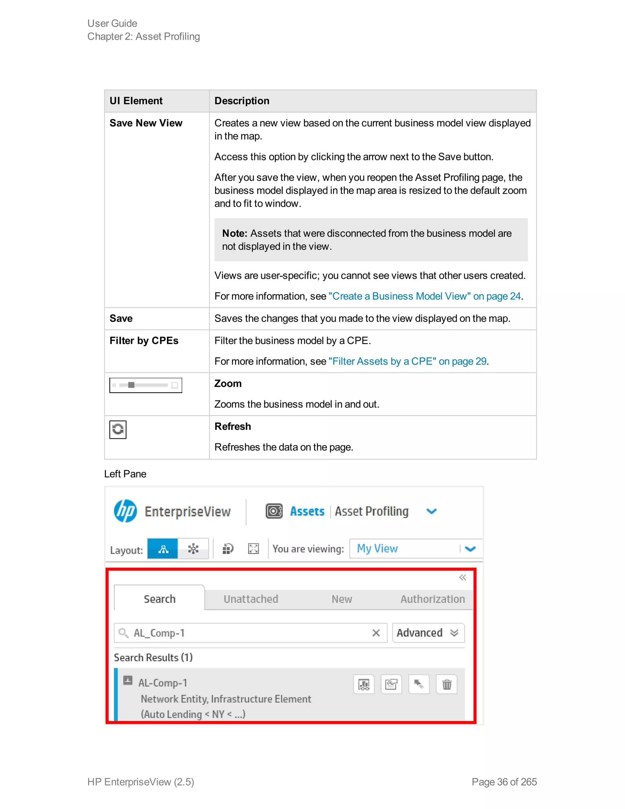 UI Element Description
Save New View Creates a new view based on the current business model view displayed
in the map.
Access this option by clicking the arrow next to the Save button.
After you save the view, when you reopen the Asset Profiling page, the
business model displayed in the map area is resized to the default zoom
and to fit to window.
Note: Assets that were disconnected from the business model are
not displayed in the view.
Views are user-specific; you cannot see views that other users created.
For more information, see "Create a Business Model View" on page 24.
Save Saves the changes that you made to the view displayed on the map.
Filter by CPEs Filter the business model by a CPE.
For more information, see "Filter Assets by a CPE" on page 29.
Zoom
Zooms the business model in and out.
Refresh
Refreshes the data on the page.
Left Pane
User Guide
Chapter 2: Asset Profiling
HP EnterpriseView (2.5) Page 36 of 265
 