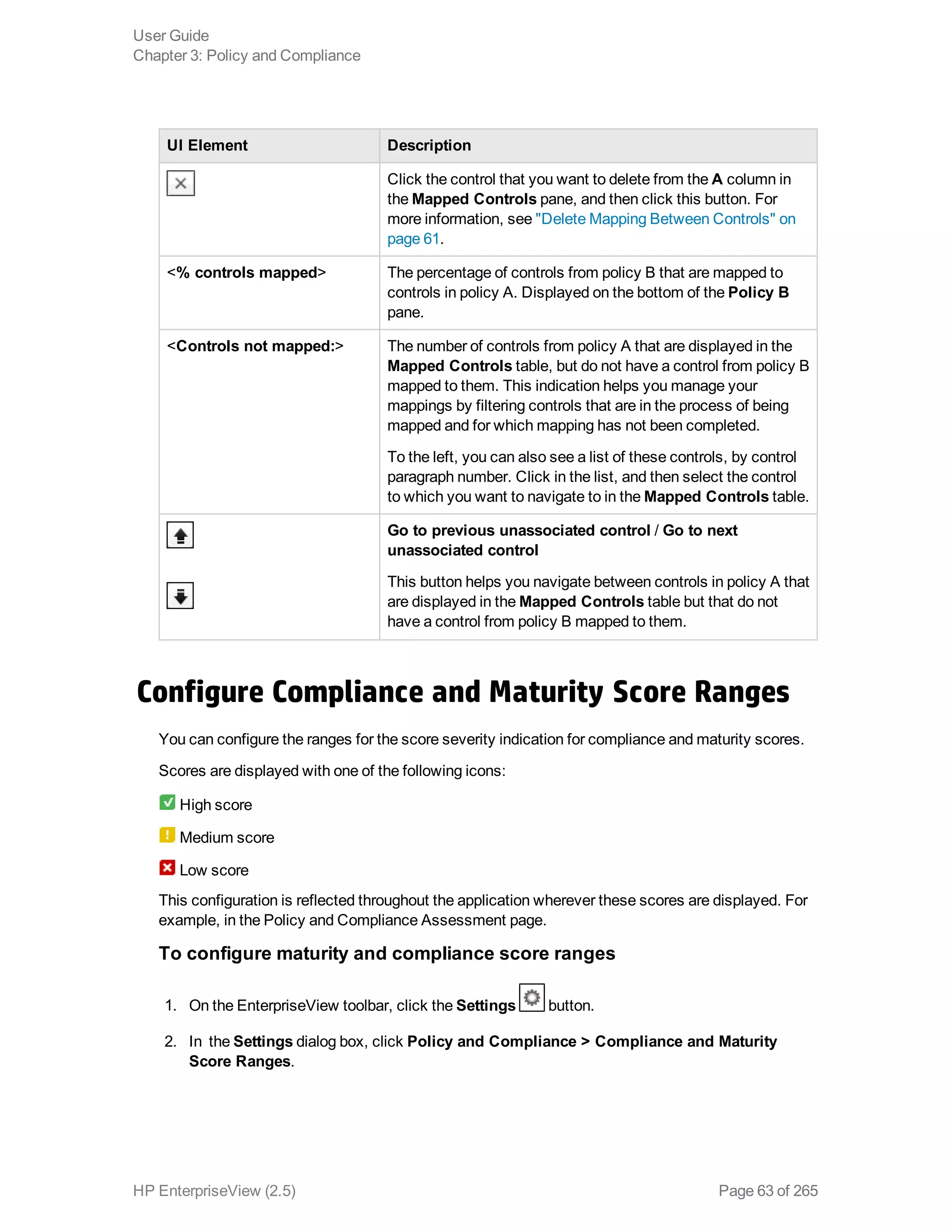 UI Element Description
Click the control that you want to delete from the A column in
the Mapped Controls pane, and then click this button. For
more information, see "Delete Mapping Between Controls" on
page 61.
<% controls mapped> The percentage of controls from policy B that are mapped to
controls in policy A. Displayed on the bottom of the Policy B
pane.
<Controls not mapped:> The number of controls from policy A that are displayed in the
Mapped Controls table, but do not have a control from policy B
mapped to them. This indication helps you manage your
mappings by filtering controls that are in the process of being
mapped and for which mapping has not been completed.
To the left, you can also see a list of these controls, by control
paragraph number. Click in the list, and then select the control
to which you want to navigate to in the Mapped Controls table.
Go to previous unassociated control / Go to next
unassociated control
This button helps you navigate between controls in policy A that
are displayed in the Mapped Controls table but that do not
have a control from policy B mapped to them.
Configure Compliance and Maturity Score Ranges
You can configure the ranges for the score severity indication for compliance and maturity scores.
Scores are displayed with one of the following icons:
High score
Medium score
Low score
This configuration is reflected throughout the application wherever these scores are displayed. For
example, in the Policy and Compliance Assessment page.
To configure maturity and compliance score ranges
1. On the EnterpriseView toolbar, click the Settings button.
2. In the Settings dialog box, click Policy and Compliance > Compliance and Maturity
Score Ranges.
User Guide
Chapter 3: Policy and Compliance
HP EnterpriseView (2.5) Page 63 of 265
 