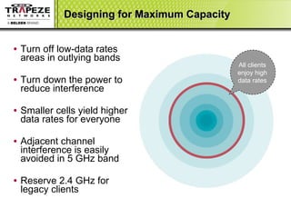 Designing for Maximum Capacity Turn off low-data rates areas in outlying bands Turn down the power to reduce interference Smaller cells yield higher data rates for everyone  Adjacent channel interference is easily avoided in 5 GHz band  Reserve 2.4 GHz for  legacy clients All clients enjoy high data rates 