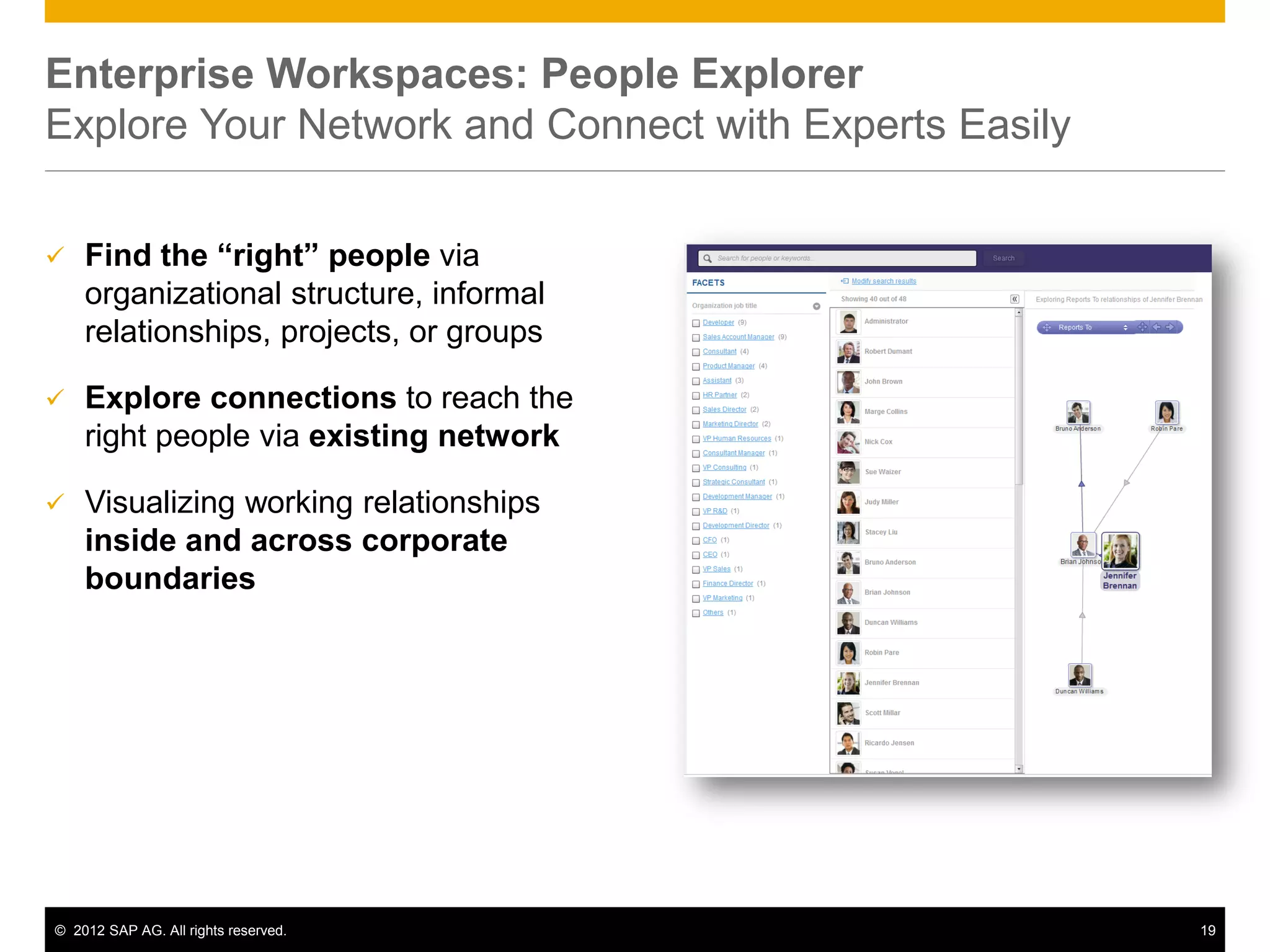Enterprise Workspaces: People Explorer
Explore Your Network and Connect with Experts Easily


   Find the “right” people via
    organizational structure, informal
    relationships, projects, or groups

   Explore connections to reach the
    right people via existing network

   Visualizing working relationships
    inside and across corporate
    boundaries




© 2012 SAP AG. All rights reserved.                    19
 