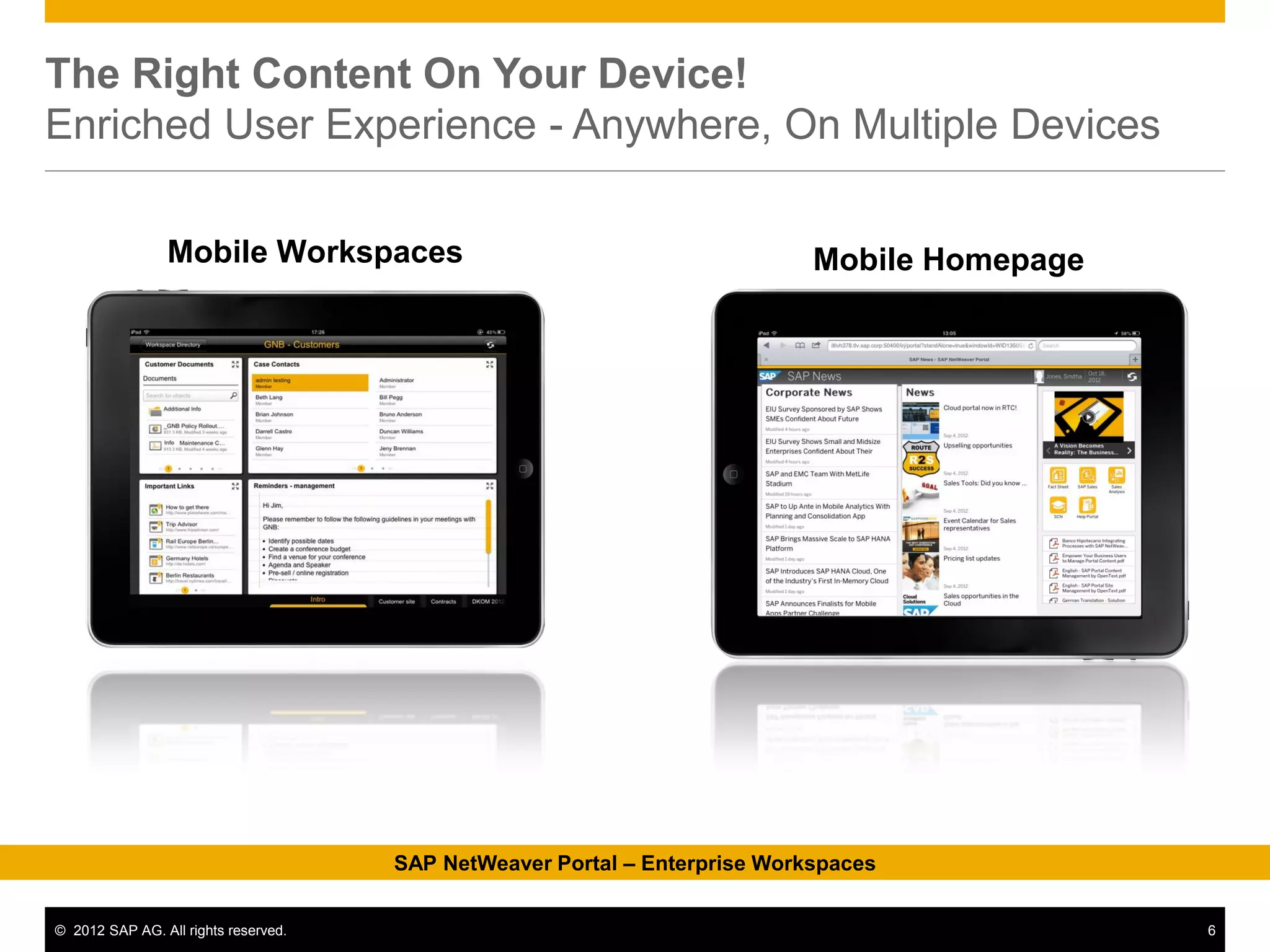 The Right Content On Your Device!
Enriched User Experience - Anywhere, On Multiple Devices

                Mobile Workspaces                                           Mobile Homepage




                                      SAP NetWeaver Portal – Enterprise Workspaces


© 2012 SAP AG. All rights reserved.                                                           6
 