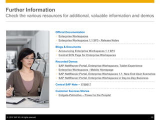 Further Information
Check the various resources for additional, valuable information and demos


                                      Official Documentation
                                         Enterprise Workspaces
                                         Enterprise Workspaces 1.1 SP3 - Release Notes

                                      Blogs & Documents
                                         Announcing Enterprise Workspaces 1.1 SP3
                                         Central SCN Page for Enterprise Workspaces

                                      Recorded Demos
                                         SAP NetWeaver Portal, Enterprise Workspaces: Tablet Experience
                                         Enterprise Workspaces - Mobile Homepage
                                         SAP NetWeaver Portal, Enterprise Workspaces 1.1: New End User Scenarios
                                         SAP NetWeaver Portal, Enterprise Workspaces in Day-to-Day Business

                                      Central SAP Note – 1760017

                                      Customer Success Stories
                                         Colgate-Palmolive – Power to the People!




© 2012 SAP AG. All rights reserved.                                                                            25
 