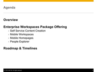 Agenda


Overview

Enterprise Workspaces Package Offering
       ›   Self Service Content Creation
       ›   Mobile Workspaces
       ›   Mobile Homepages
       ›   People Explorer

Roadmap & Timelines




© 2012 SAP AG. All rights reserved.        3
 