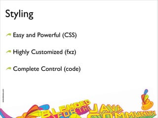 www.devoxx.com
Styling
Easy and Powerful (CSS)
Highly Customized (fxz)
Complete Control (code)
 