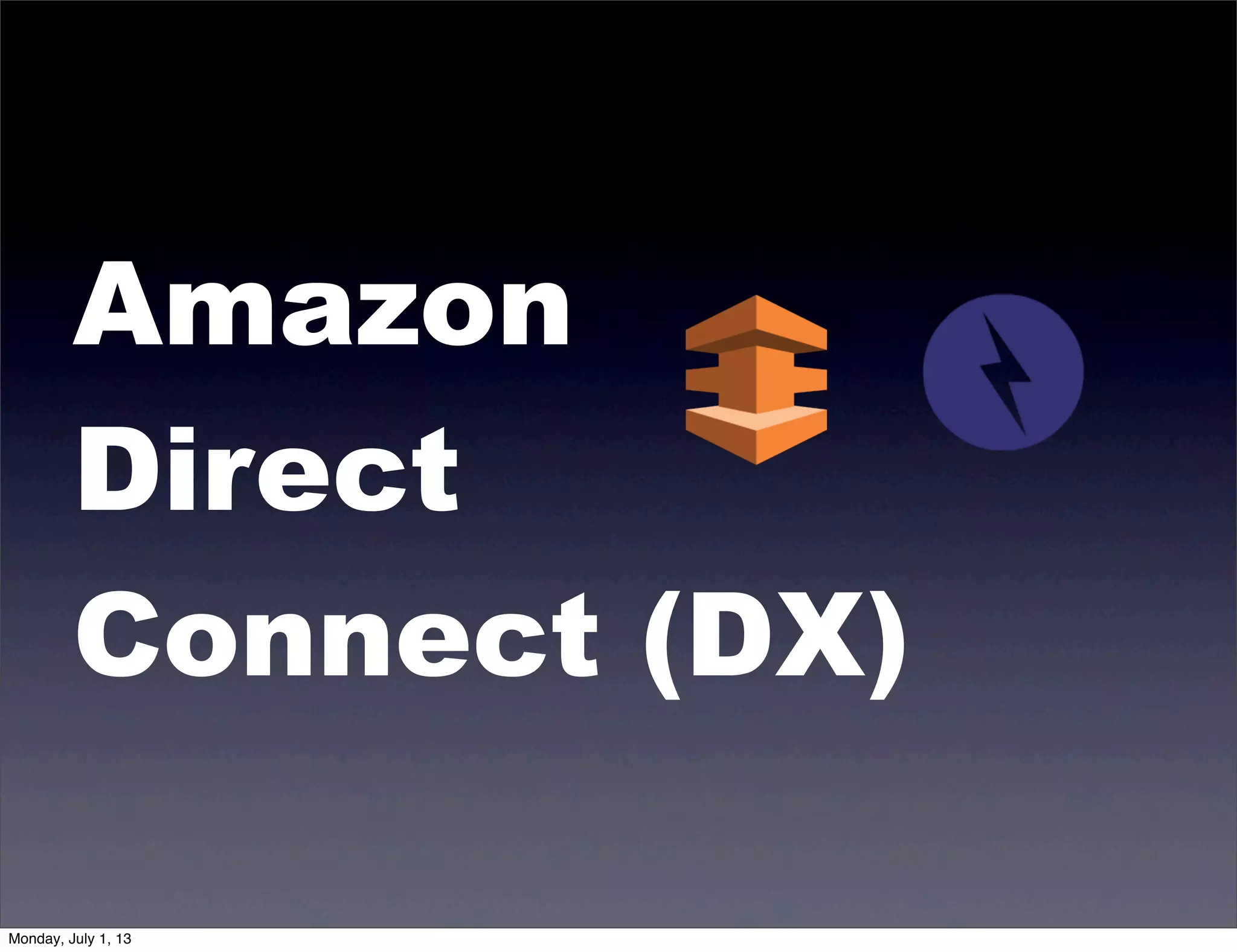 Amazon
Direct
Connect (DX)
Monday, July 1, 13
 