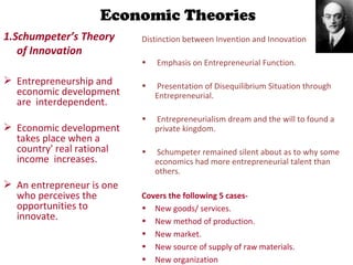 Economic Theories <ul><li>1.Schumpeter’s Theory of Innovation    </li></ul><ul><li>Entrepreneurship and economic developme...