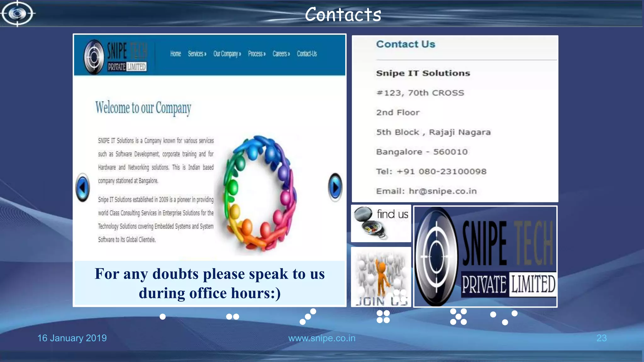 16 January 2019 www.snipe.co.in 23
Contacts
For any doubts please speak to us
during office hours:)
 