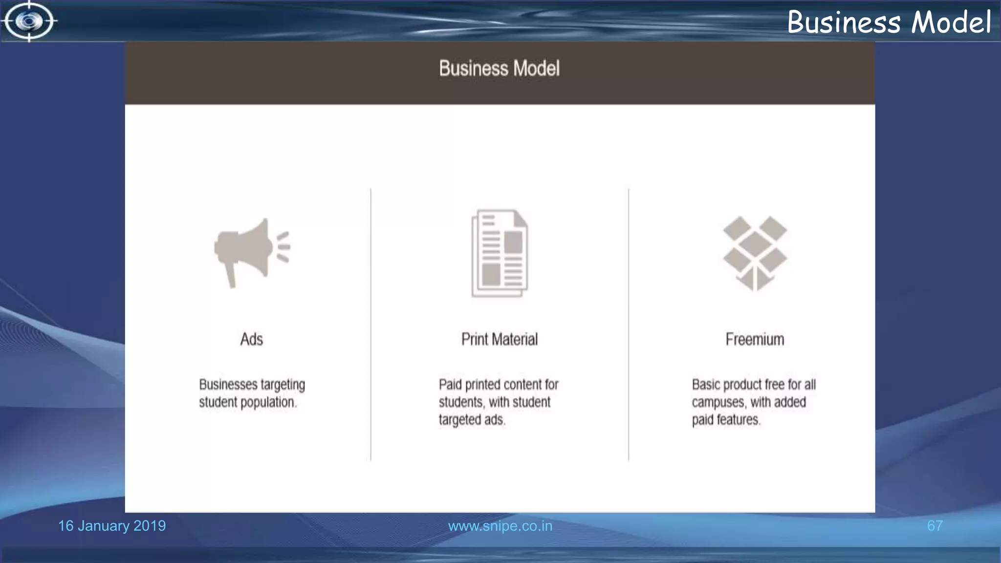 16 January 2019 www.snipe.co.in 67
Business Model
 