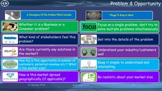 16 January 2019 www.snipe.co.in 56
Problem & Opportunity
A Description Of The Problem Which Includes
Whether it is a Business or a
Consumer problem?
What kind of stakeholders feel this
problem?
Are there currently any solutions in
the market?
How big is this opportunity in number of
customers, potential revenue etc.? What
is the market size?
How is this market spread
geographically (if applicable)?
Things To Keep In Mind
Focus on a single problem, don’t try to
solve multiple problems simultaneously
Get into the details of the problem
Understand your industry/customers
well
Keep it simple to understand and
interesting
Be realistic about your market size
 