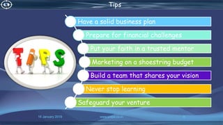 16 January 2019 www.snipe.co.in 6
Tips
Have a solid business plan
Prepare for financial challenges
Put your faith in a trusted mentor
Marketing on a shoestring budget
Build a team that shares your vision
Never stop learning
Safeguard your venture
 