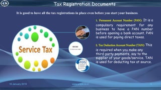 16 January 2019 www.snipe.co.in 9
Tax Registration Documents
1. Permanent Account Number (PAN): It is a
compulsory requirement for any
business to have a PAN number
before opening a bank account. PAN
is used for paying direct taxes.
2. Tax Deduction Account Number (TAN): This
is required when you make any
third-party payments, say to the
supplier of your goods/service. TAN
is used for deducting tax at source.
It is good to have all the tax registrations in place even before you start your business.
 