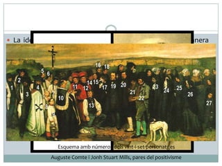  La idea que és possible representar les coses d’una manera
objectiva s’obre camí en un ambient cultural influït pels
recents avenços de la ciència i de la tècnica. Els positivistes
propugnaven la utilització del mètode científic en tota
activitat humana. El nou invent de la fotografia fa que les
imatges es puguin representar amb total exactitud.
 Significat: Els personatges d’aquest llenç eren habitants d’
Ornans que van acceptar ser retratats per Courbet. Els
representa en la mateixa disposició que tindrien a dins de les
esglésies: separats, els homes a l’esquerra, les dones a la
dreta. A partir de dades dels arxius municipals i d'actes
notarials, els historiadors han pogut donar nom a gran part
dels personatges.
Auguste Comte i Jonh Stuart Mills, pares del positivisme
Esquema amb números dels vint-i-set personatges
 