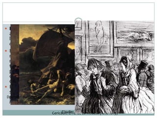  Funció: El 1855, any de l’ Exposició Internacional, el jurat
acceptà una sèrie d’obres de Courbet, però en rebutjà dues de
les més importants pel pintor: Enterrament a Ornans i L’estudi
del pintor.
 Els quadres monumentals amb figures realitzades a mida
natural estaven reservats per a assumptes històrics o
mitològics – gèneres nobles -, no per a escenes d'un altre
tipus. A Enterrament a Ornans les proporcions ja suposen una
provocació als valors establerts perquè es tracta d’una escena,
considerada trivial per molts, que serà rebutjada en els cercles
oficials.
 En diversos salons oficials d'anys successius van rebutjar les
seves obres. Courbet va decidir organitzar una exposició
pròpia, el "Pavelló del Realisme" que serà la llavor del "Saló dels
Rebutjats" impressionista..
El taller de l’artista (1855)Gericàult: El rai de La Medusa (1818-1819)
Daumier: Burgeses escandalitzades pel
Saló dels rebutjats (1864)
 